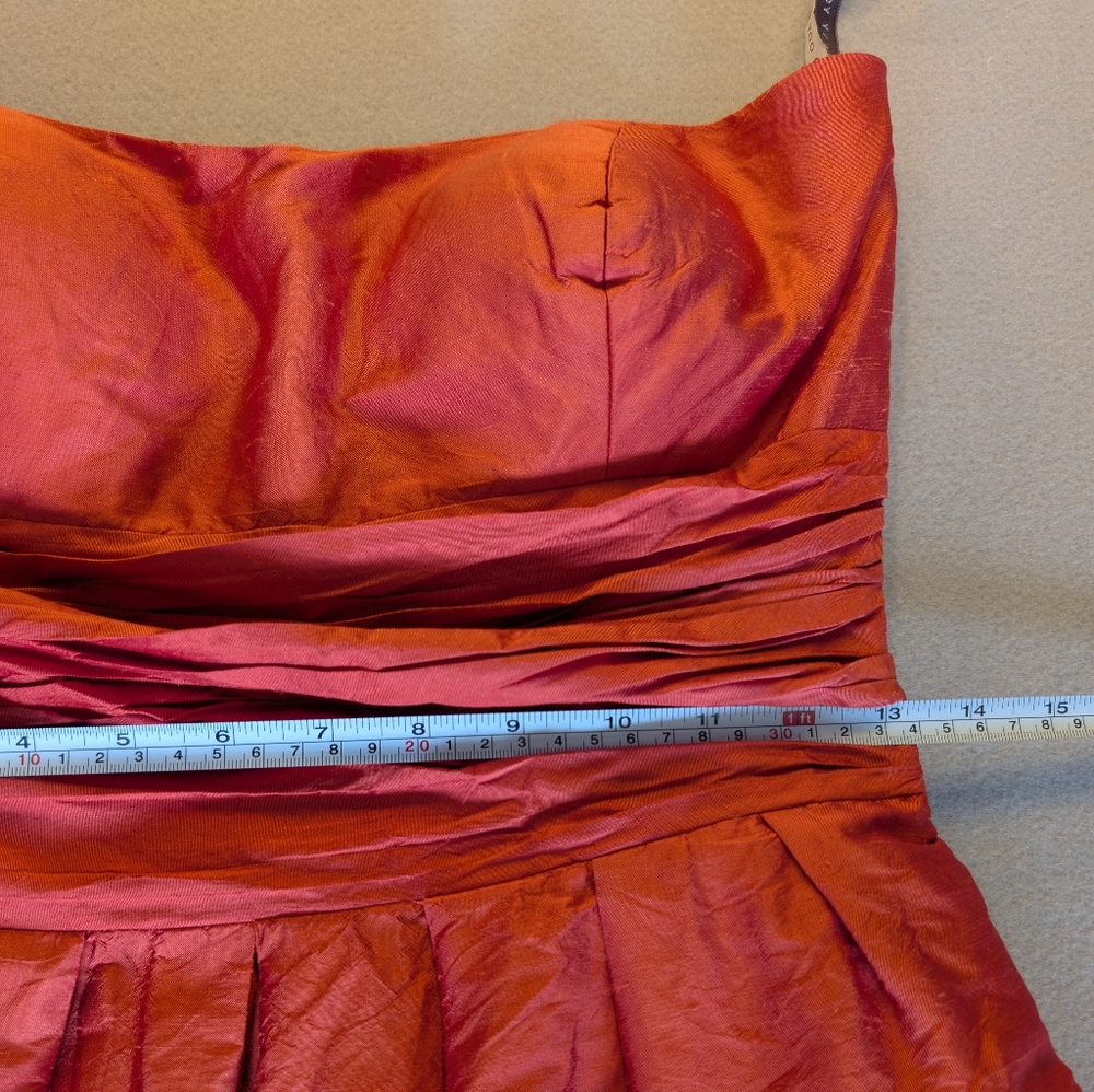Jenny Yoo 100% Silk Coral Orange Strapless Ruched Waist Cocktail Dress Sz 8 - Picture 13 of 15